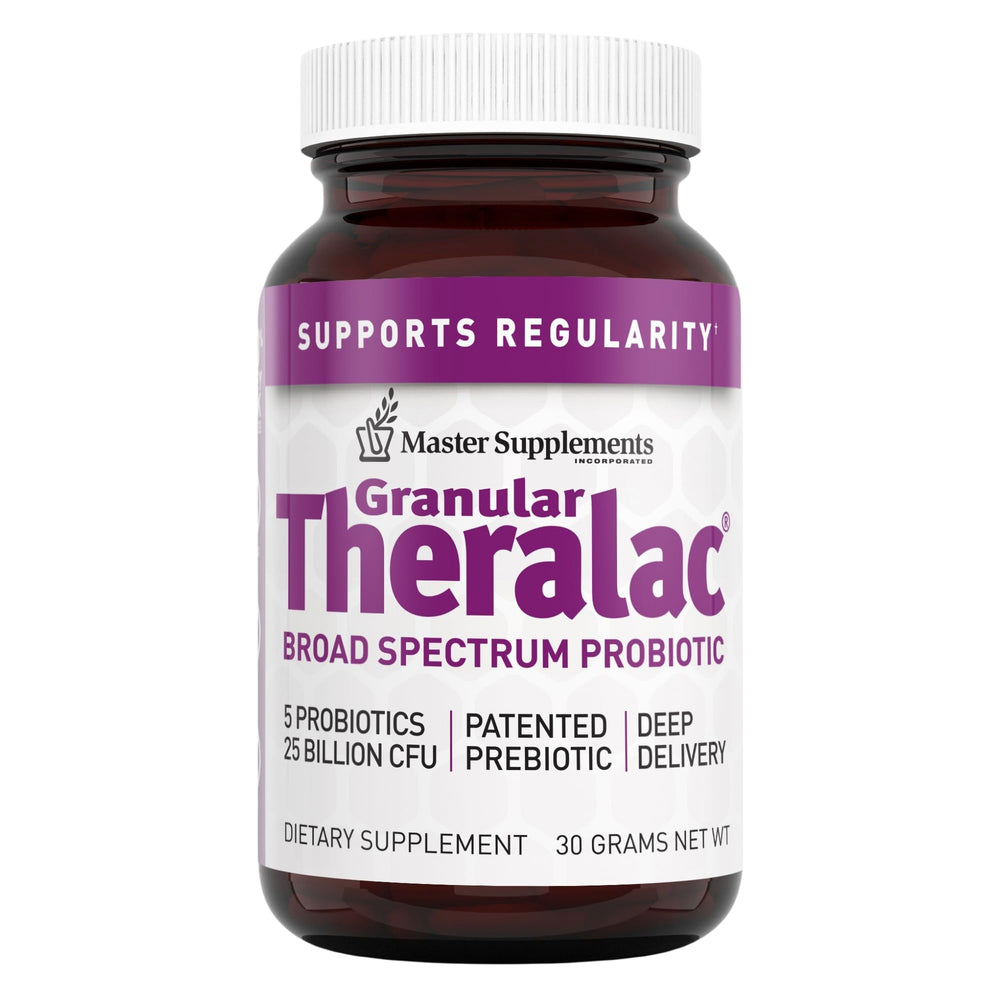 Granular Theralac bottle front shows vegan probiotic supplement for gut support.