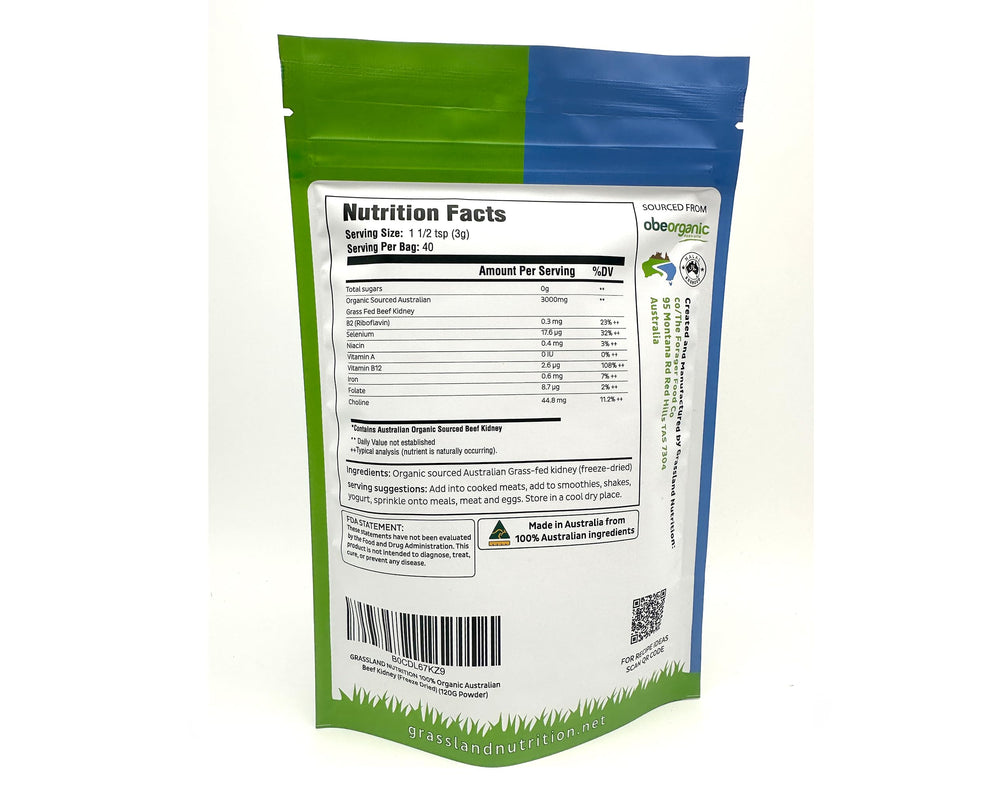 Grassland Nutrition beef kidney freeze-dried powder close-up highlighting granular texture for easy mixing