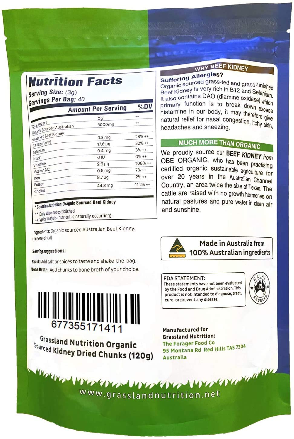 Grassland Nutrition Organic Kidney Freeze Dried Chunks closeup highlighting texture and protein-rich snack