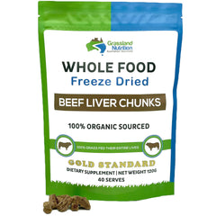 GRASSLAND NUTRITION organic liver chunks packshot, shelf-stable snack from grass-fed Australian cattle.