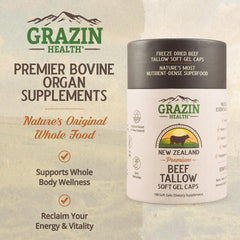 GRAZIN HEALTH beef tallow capsules close-up, easy-to-take daily capsules for convenient meal-time supplementation.