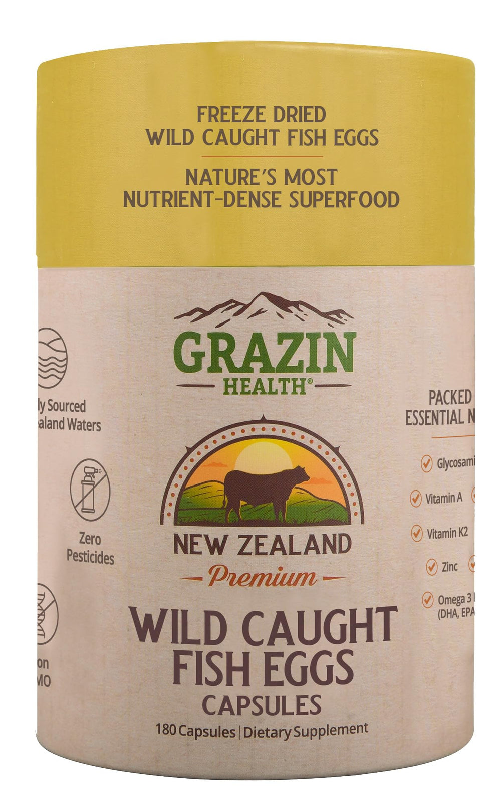 Grazin Health capsules close-up showing 3000mg per serving DHA EPA