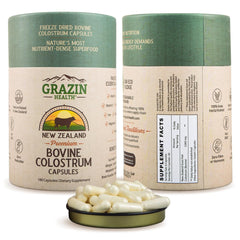 GRAZIN HEALTH grass-fed bovine colostrum bottle for daily digestive support.