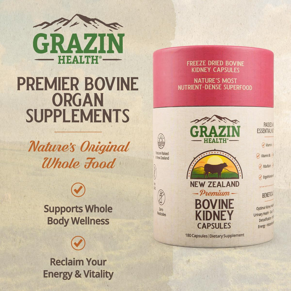 Grazin Health kidney capsules closeup highlighting rich nutrition from whole-food organs.