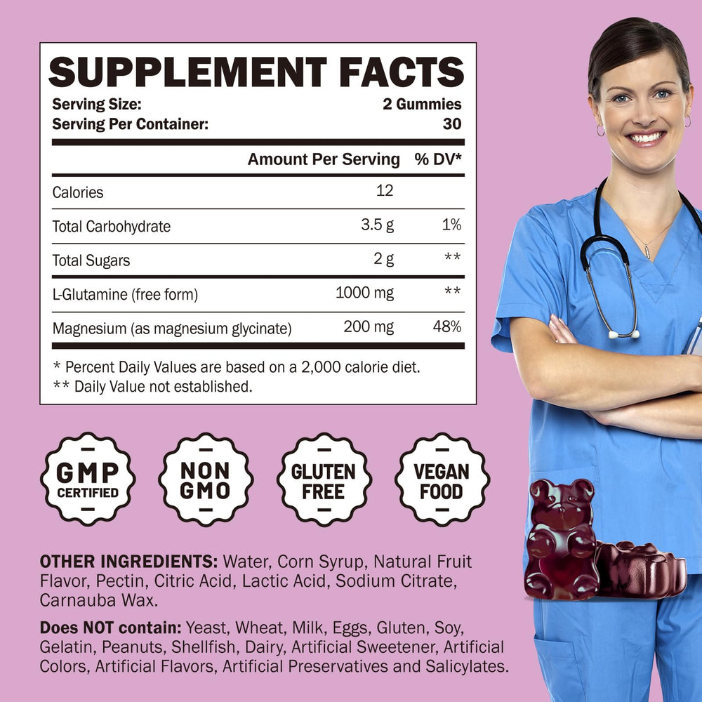 GREABBY L-Glutamine gummies label close-up highlighting vegan, gluten-free and non-GMO features
