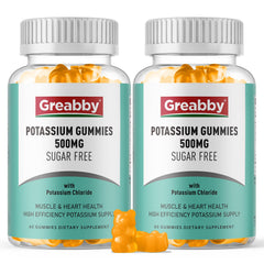 GREABBY potassium gummies 500mg bottle front showing electrolyte balance support.