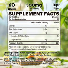 GREABBY potassium gummies label details indicate 500mg per gummy.