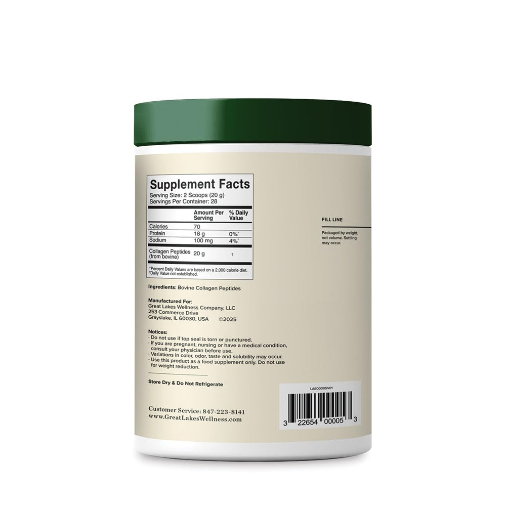 Great Lakes Wellness Collagen Peptides bottle displayed on a shelf for versatile daily use.