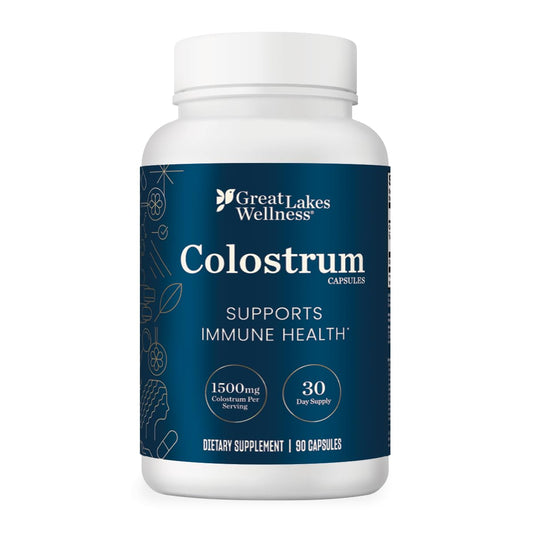 Great Lakes Wellness Colostrum Capsules bottle shown for convenient daily immune support.