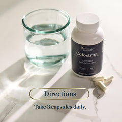 Great Lakes Wellness colostrum capsules close-up showing easy daily capsule format.