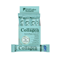 Great Lakes Wellness marine collagen powder unflavored, ready to mix into beverages.