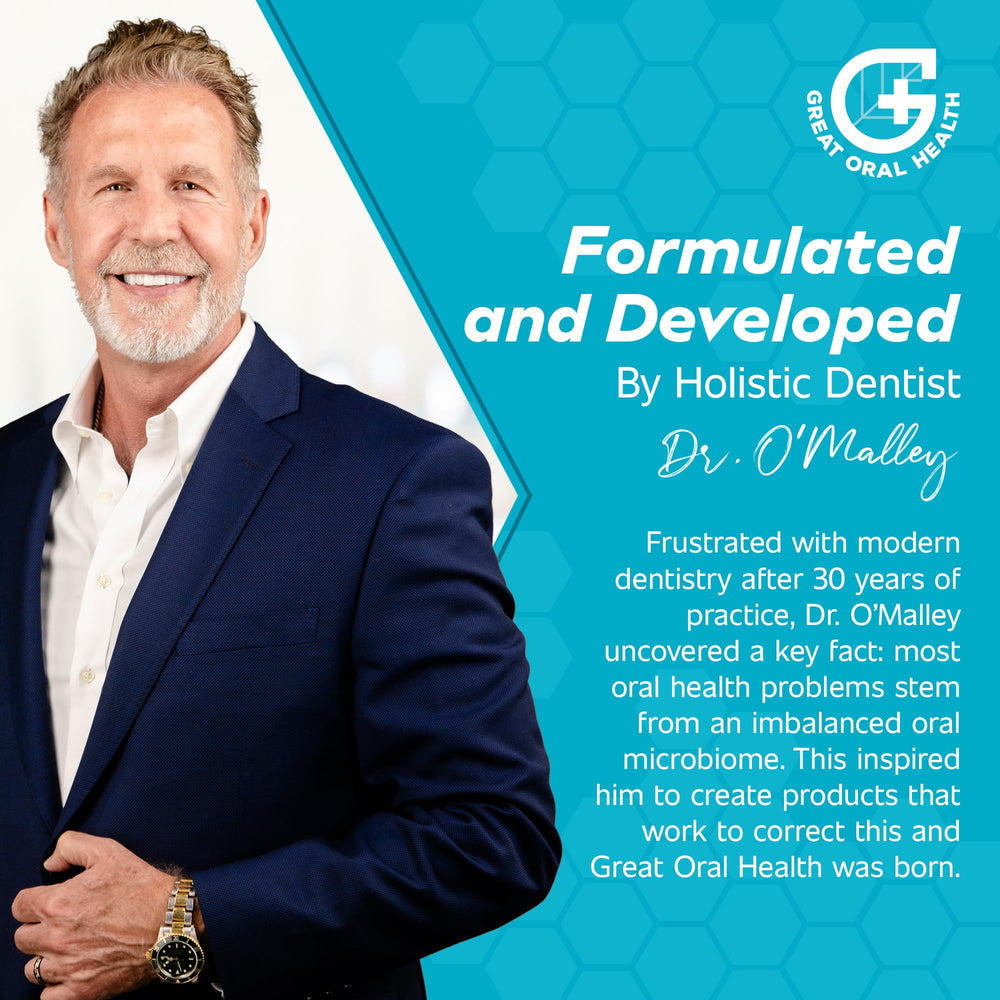 Great Oral Health dental care routine featuring mint and strawberry-vanilla probiotics.