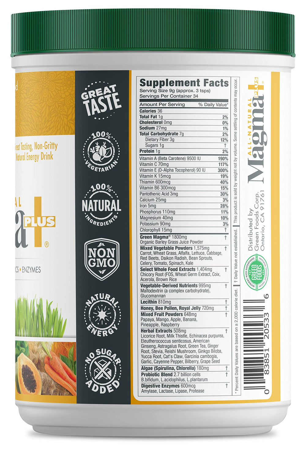 Glass of Green Foods Magma Plus shake ready to enjoy for on-go nutrition.