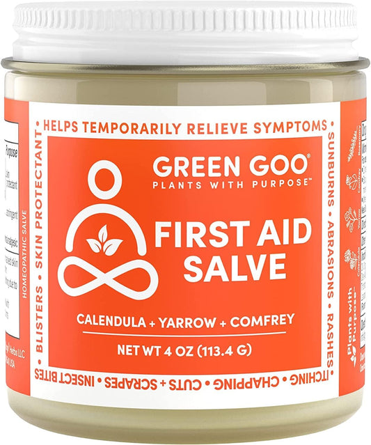 Green Goo First Aid Salve bottle pour for quick wound care.