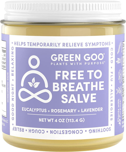 Green Goo Free To Breathe bottle close-up showing natural decongestant blend for congestion relief.