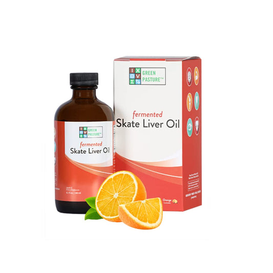 Green Pasture Fermented Skate Liver Oil orange bottle for daily wellness supplementation.