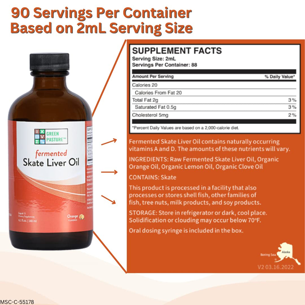 Green Pasture liquid skate liver oil syringe indicates precise daily measurement.