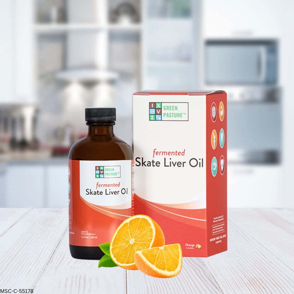 Green Pasture wild-caught skate liver oil from Alaska highlights natural sourcing.
