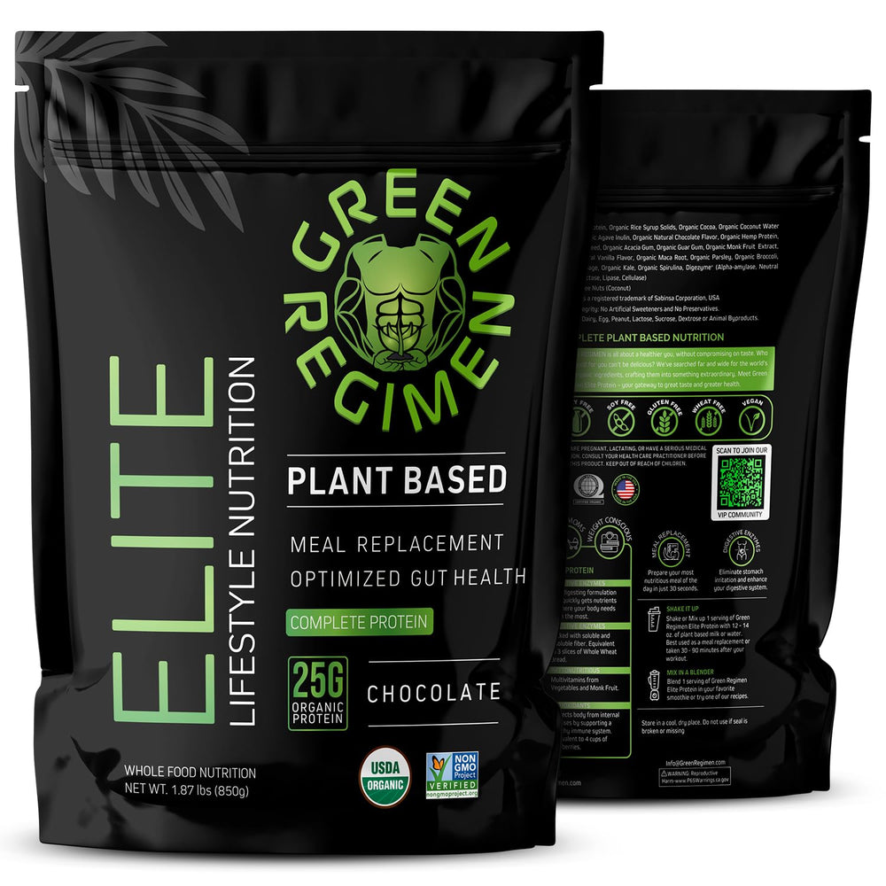 Green Regimen Elite chocolate powder tub front, creamy texture for post-workout shakes.