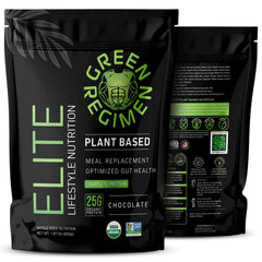 Green Regimen Elite chocolate powder tub front, creamy texture for post-workout shakes.