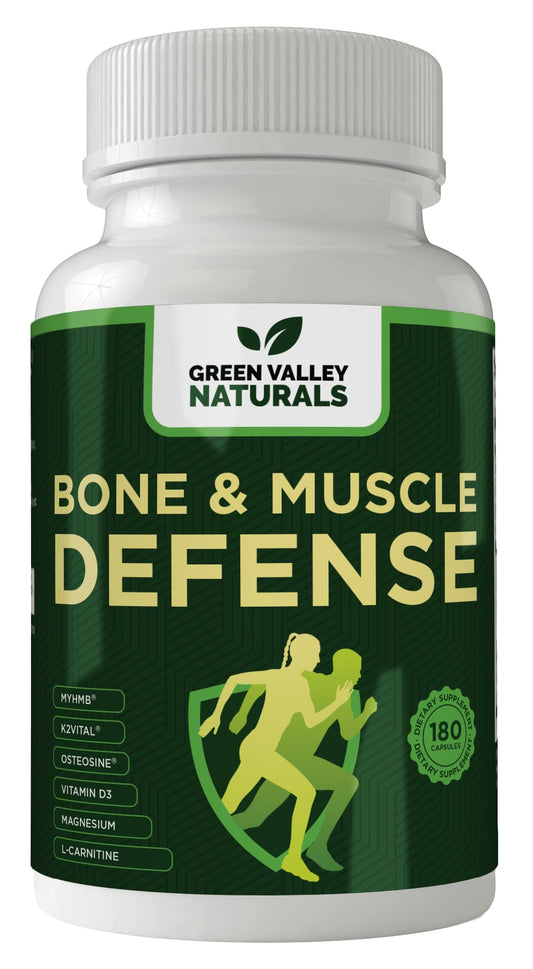 Green Valley Naturals Bone and Muscle Defense bottle on a kitchen counter, supporting everyday mobility