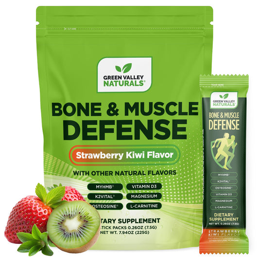 Green Valley Naturals Bone and Muscle Defense stick pack front view for daily strength support.