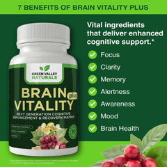 Green Valley Naturals Brain Vitality Plus bottle with label closeup showing clean ingredients.