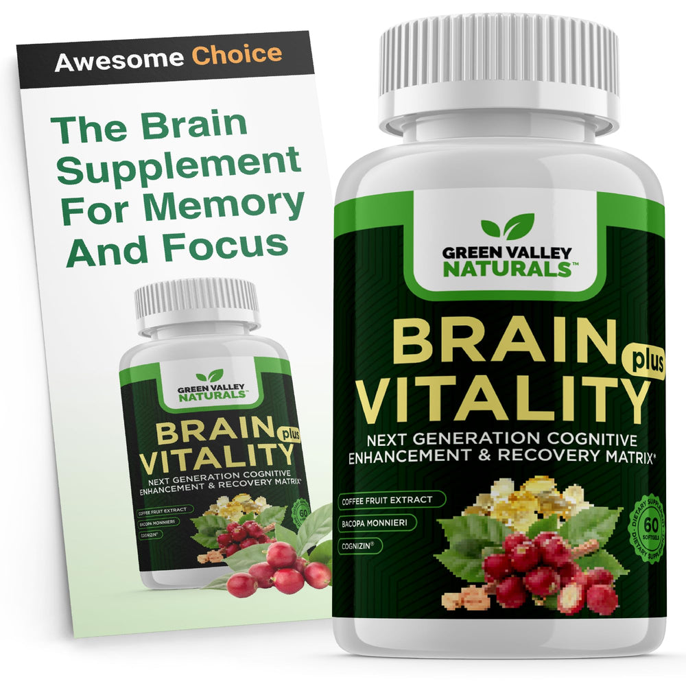 Green Valley Naturals Brain Vitality Plus bottle on a desk for daily cognitive support.