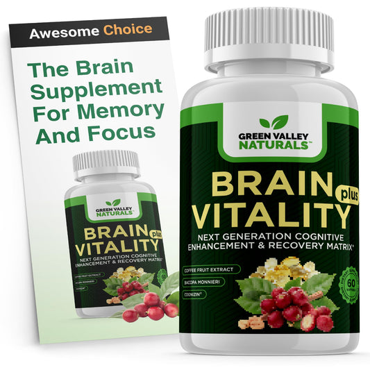 Green Valley Naturals Brain Vitality Plus bottle on a desk for daily cognitive support.