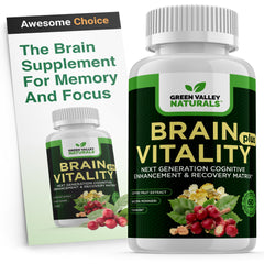 Green Valley Naturals Brain Vitality Plus bottle on a desk for daily cognitive support.