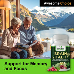 Green Valley Naturals Brain Vitality Plus label closeup highlights premium formula.