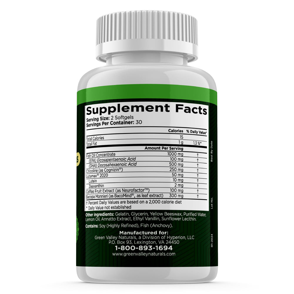 Green Valley Naturals Brain Vitality Plus Lutemax 2020 visuals on packaging.