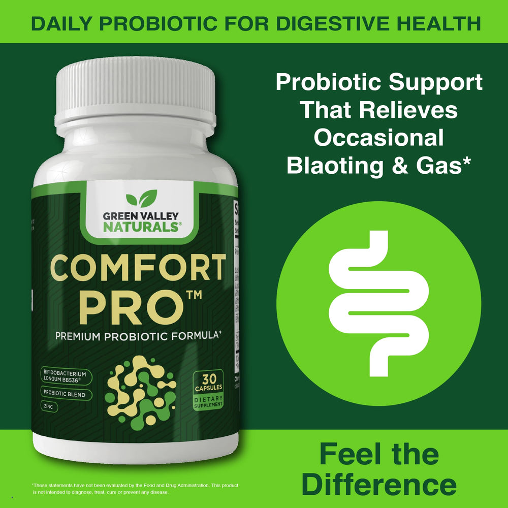 Closeup of ComfortPro capsules showing zinc blend for gut health.