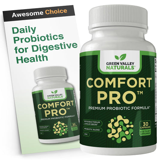 Green Valley Naturals ComfortPro daily probiotic bottle supports digestive balance.