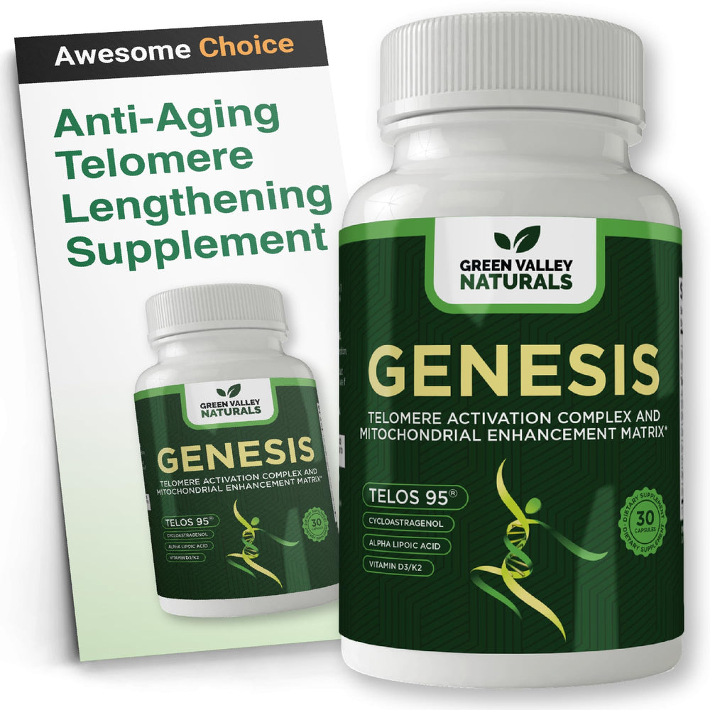 Green Valley Naturals Genesis bottle with Telos95 for daily cellular support.