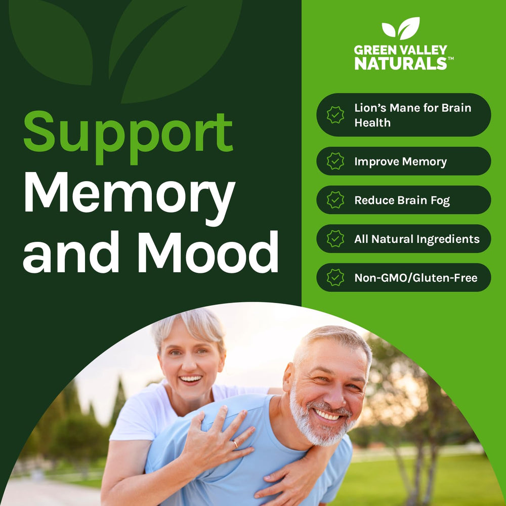 Green Valley Naturals Maximum Memory bottle angled in natural light for premium brain health support.