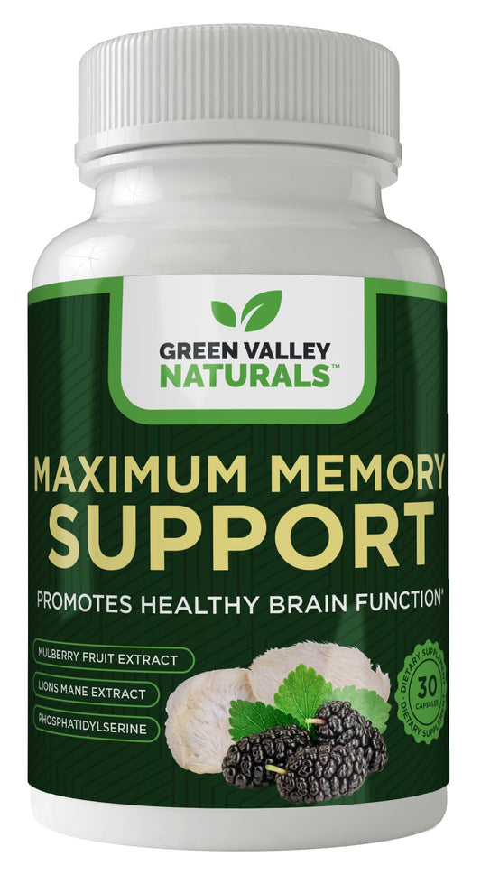 Green Valley Naturals Maximum Memory bottle on a desk supports focused thinking.
