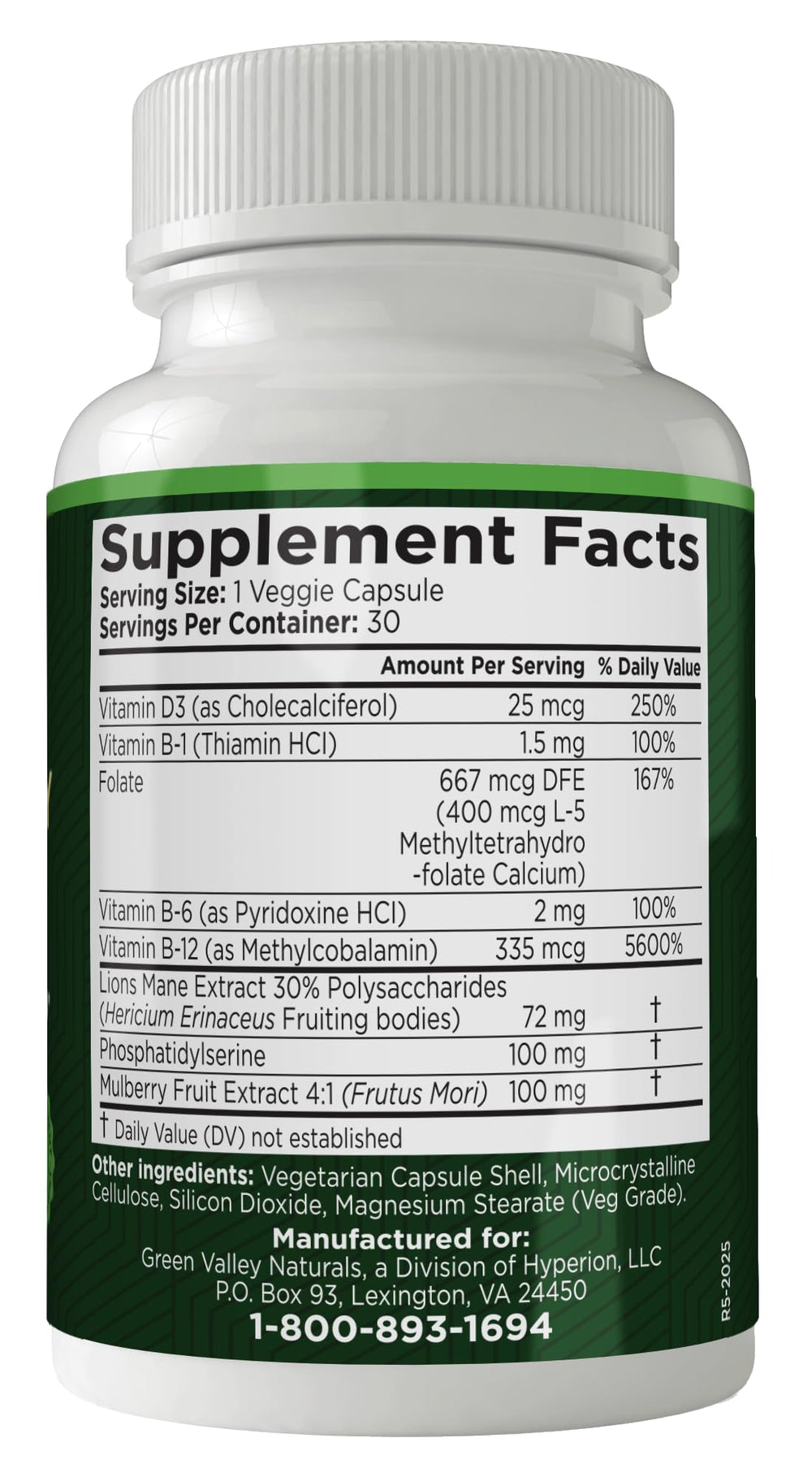 Green Valley Naturals Maximum Memory capsules arranged on a wooden surface for daily focus.