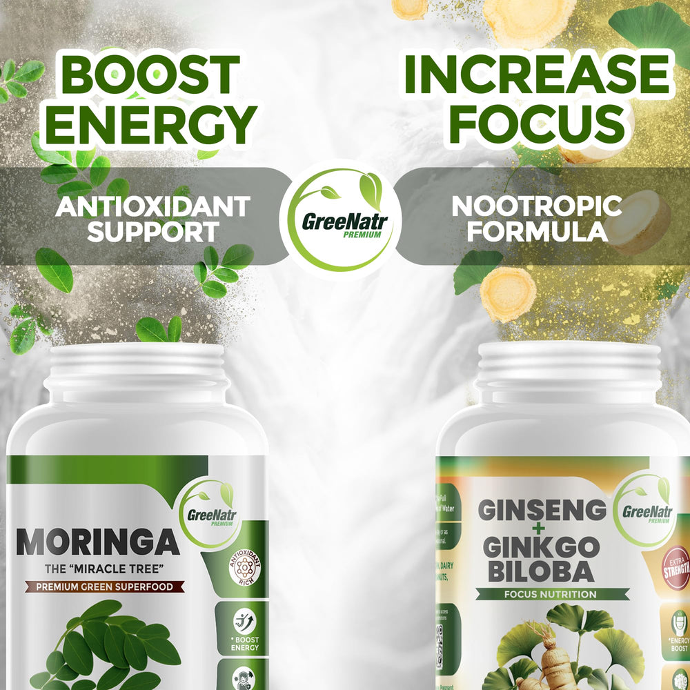 GreeNatr capsules close-up showing ginkgo, ginseng, and moringa ingredients.