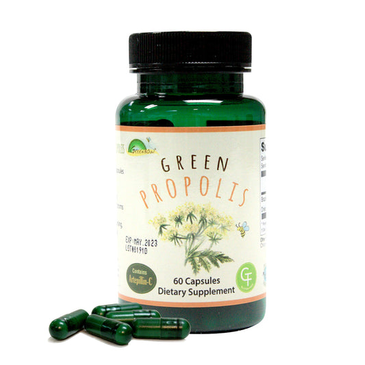 Greenbow Green Propolis bottle front shows vegan capsules for daily wellness.
