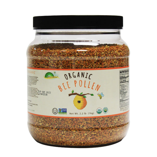 Greenbow Organic Bee Pollen 1000g jar on shelf, ideal for easy daily protein and vitamin boost.