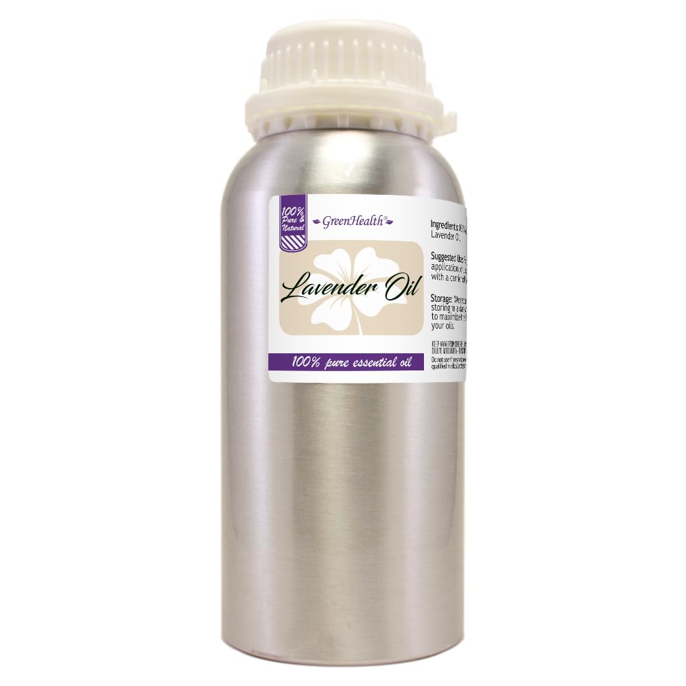 GreenHealth lavender essential oil in 16 oz aluminum bottle for diffusers and aromatherapy.
