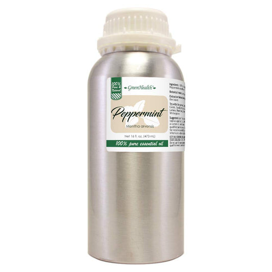 GreenHealth Peppermint Oil bottle showcased, full-strength aroma for diffusers and DIY blends.