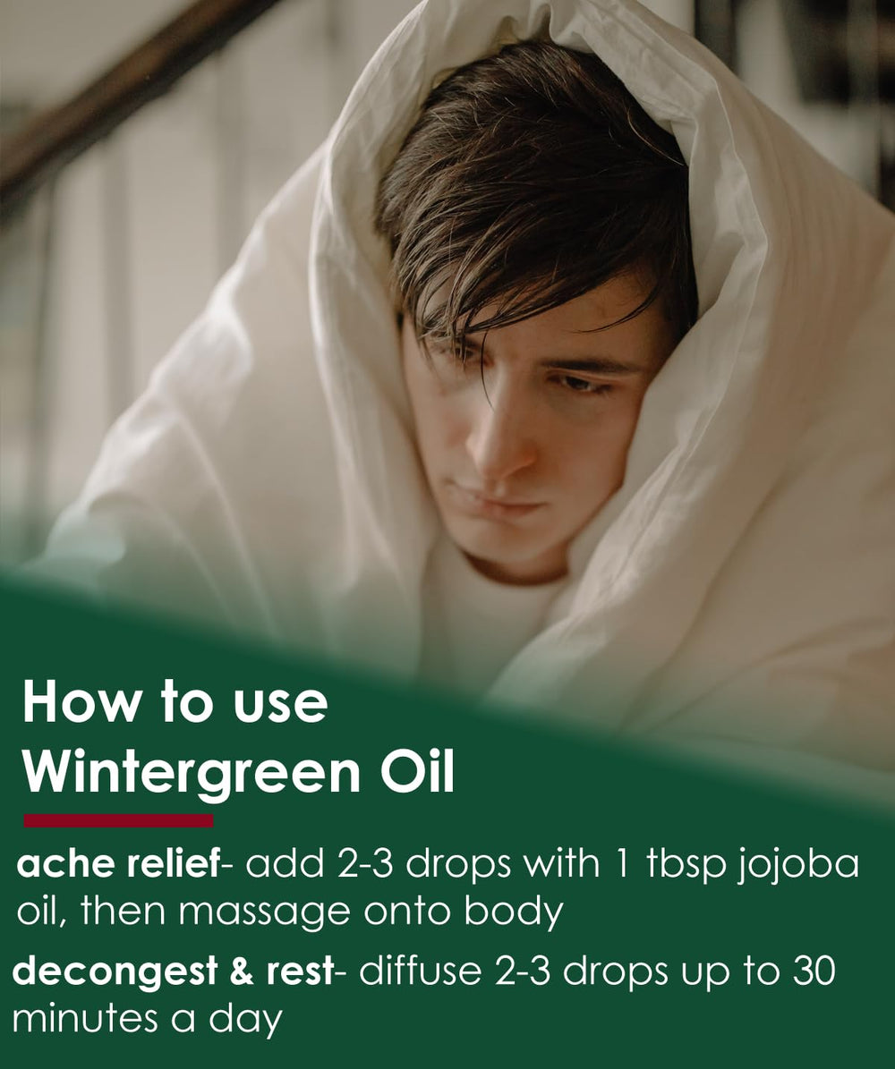 GreenHealth Wintergreen oil label detail highlights steam-distilled purity.