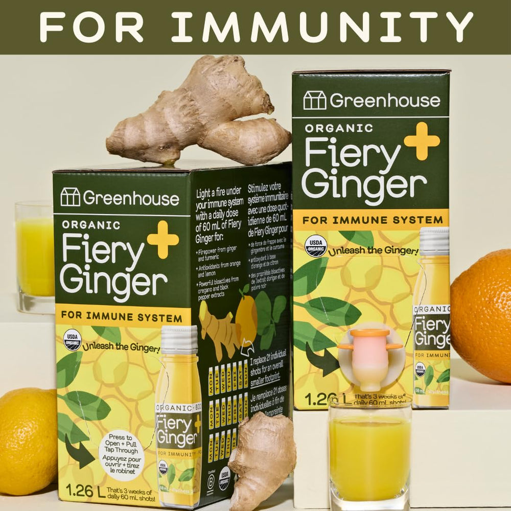 Greenhouse Juice Co Fiery Ginger Wellness Shot Box bag-in-box packaging highlights freshness.