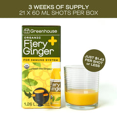 Greenhouse Juice Co Fiery Ginger Wellness Shot Box dispense shows convenient daily servings.