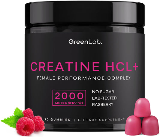 GreenLab Creatine HCL+ gummies bottle front showing sugar-free vegan formula for active women.