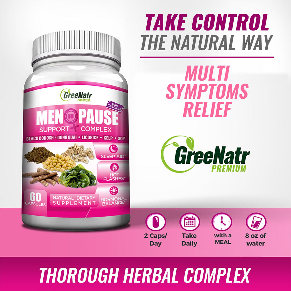 GreeNatr black cohosh herbs bottle emphasizes multi-symptom support.
