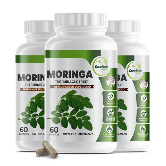 GreeNatr Pure Moringa bottle front view highlights energy and vitality support.