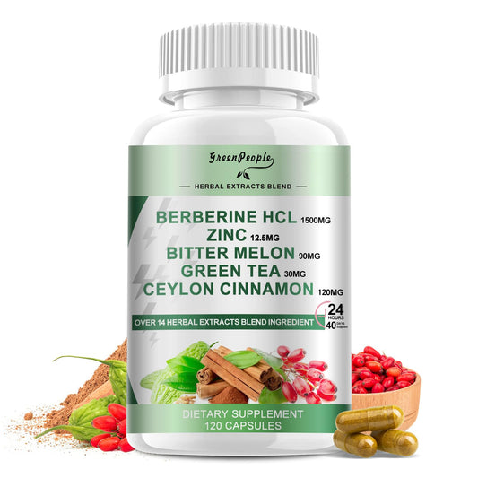 GREENPEOPLE Berberine bottle label shows 1500 mg strength for daily energy